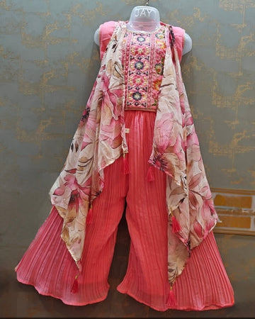 Pink flowy shrug with blossom flower embroidered crop top and palazzo set