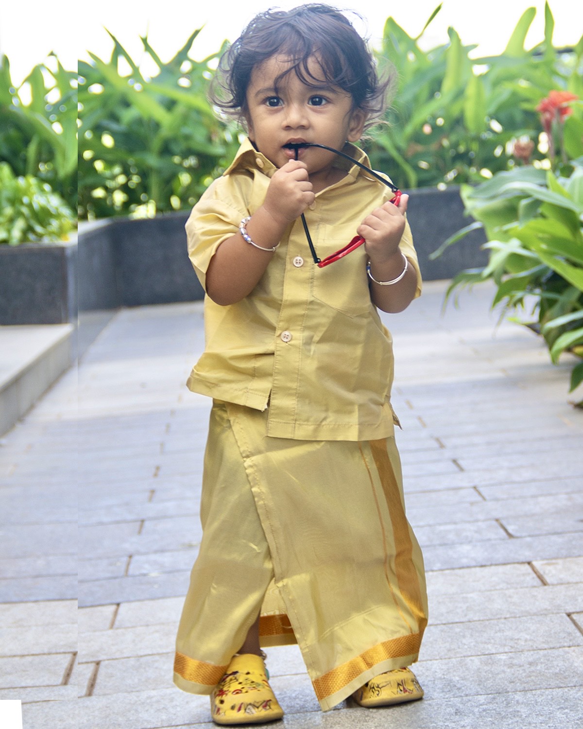 Gold Indian traditional vesti and shirt set for little boys