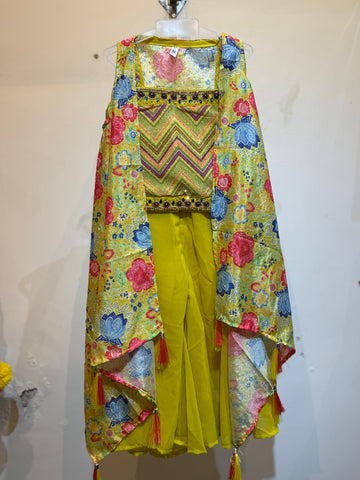 Yellow flowy shrug with zig zag crop top and palazzo set