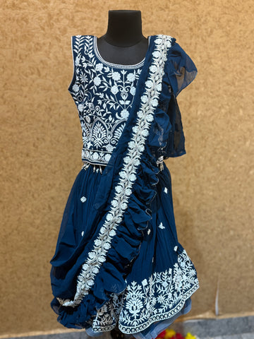 Navy Latest Saree Model Choli with Thread Embroidery all over