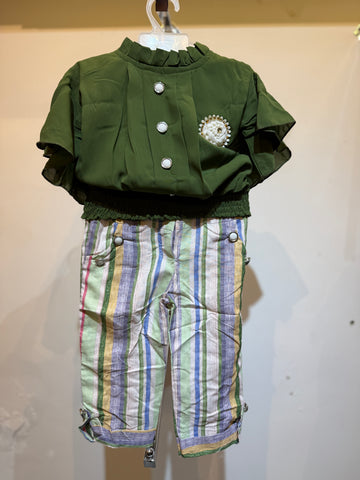 Vacay Ruffle Sleeves Closed Neck OLIVE Green Top with Capri Pant