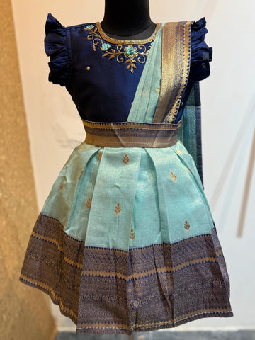 Enchanting Saree Model Silk Frock in Blue color with Ruffle Sleeve
