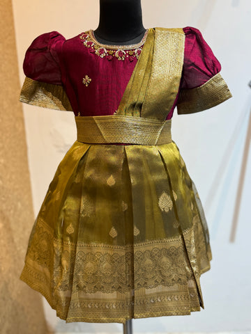 Enchanting Saree Model Silk Frock in Wine and Gold Color