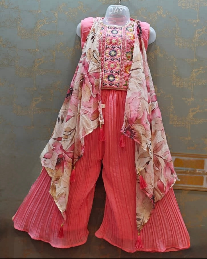 Pink flowy shrug with blossom flower embroidered crop top and palazzo set