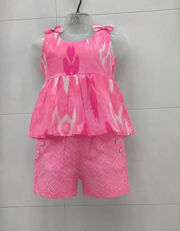 Pink Pure cotton ikkat top and shorts
