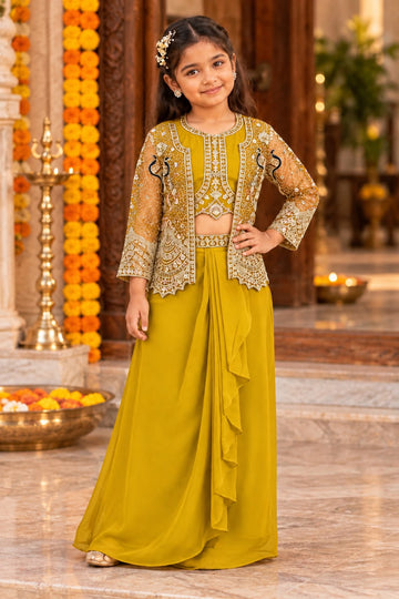 Yellow heavy zari embroidered drape lehenga set and front cut jacket with peacock motif on sleeves
