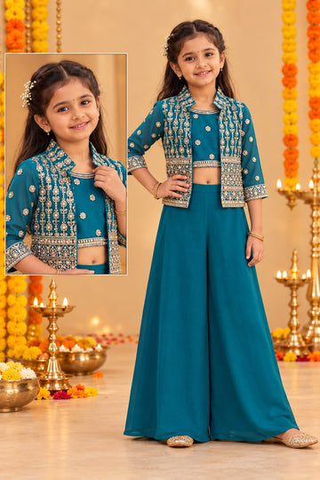 Teal blue embroidered shrug with palazzo