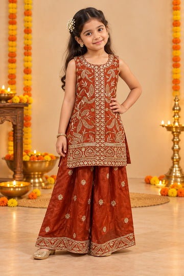 Rust Embroidered front-slit long top with premium palazzo