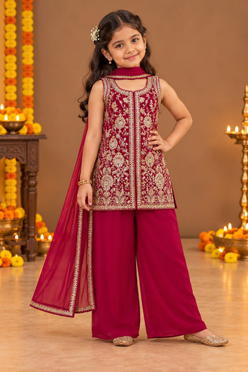 Dark pink embroidered short kurti palazzo