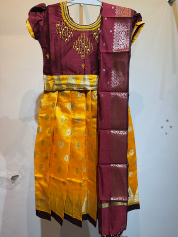 Art silk brown top ,yellow bottom  pavadai sattai