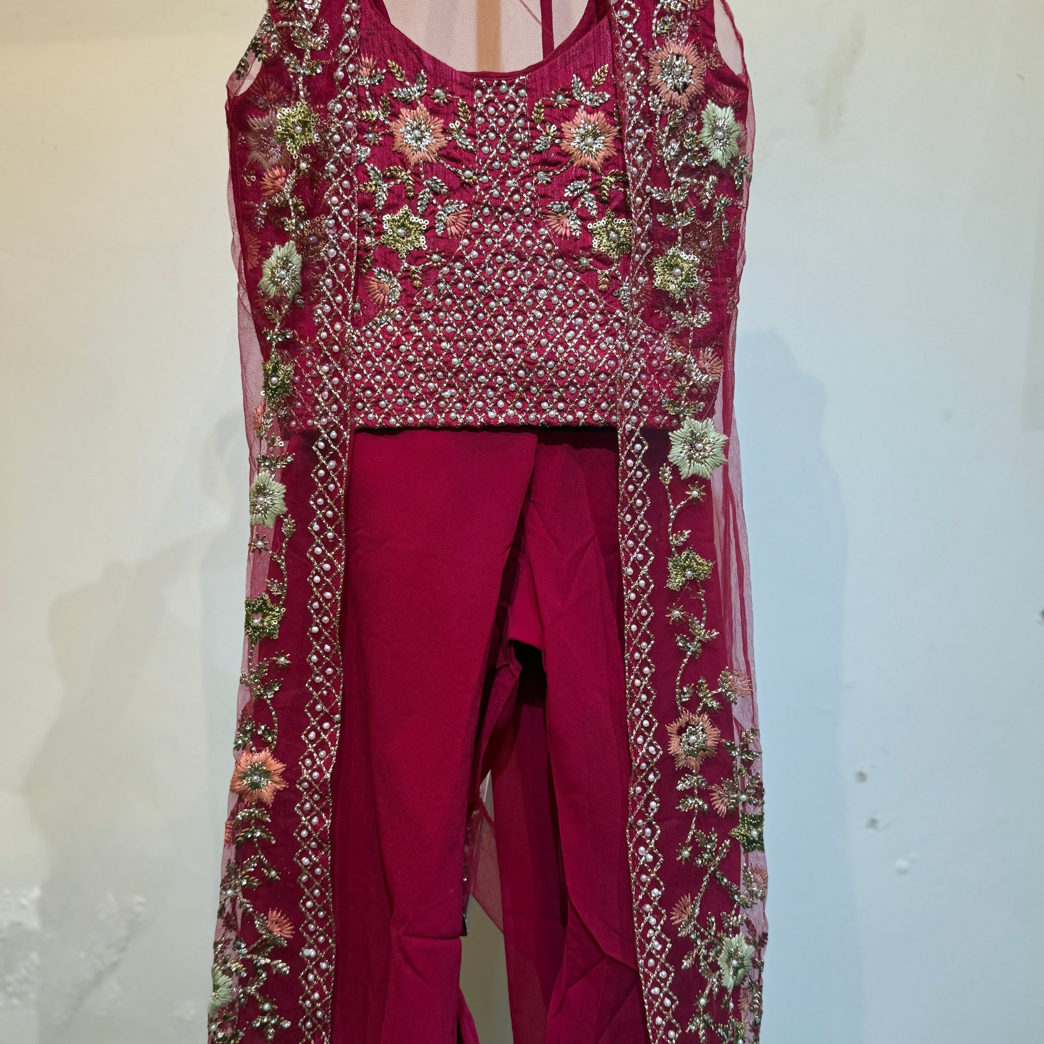 Festive designer Pink sharara with embroidered net long shrug