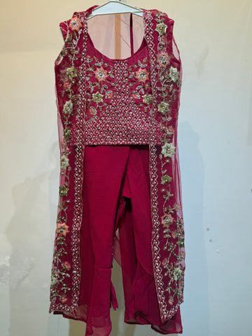 Festive designer Pink sharara with embroidered net long shrug