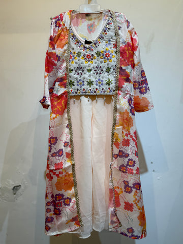 Festive designe Premium Peach palazzo set with orange floral long shrug