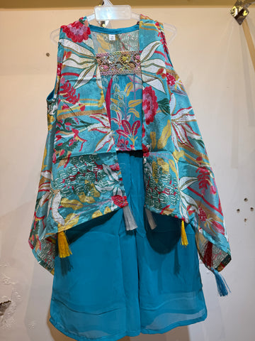 Toddler Blue bold Flowers and banana leaf  flowy shrug palazzo set