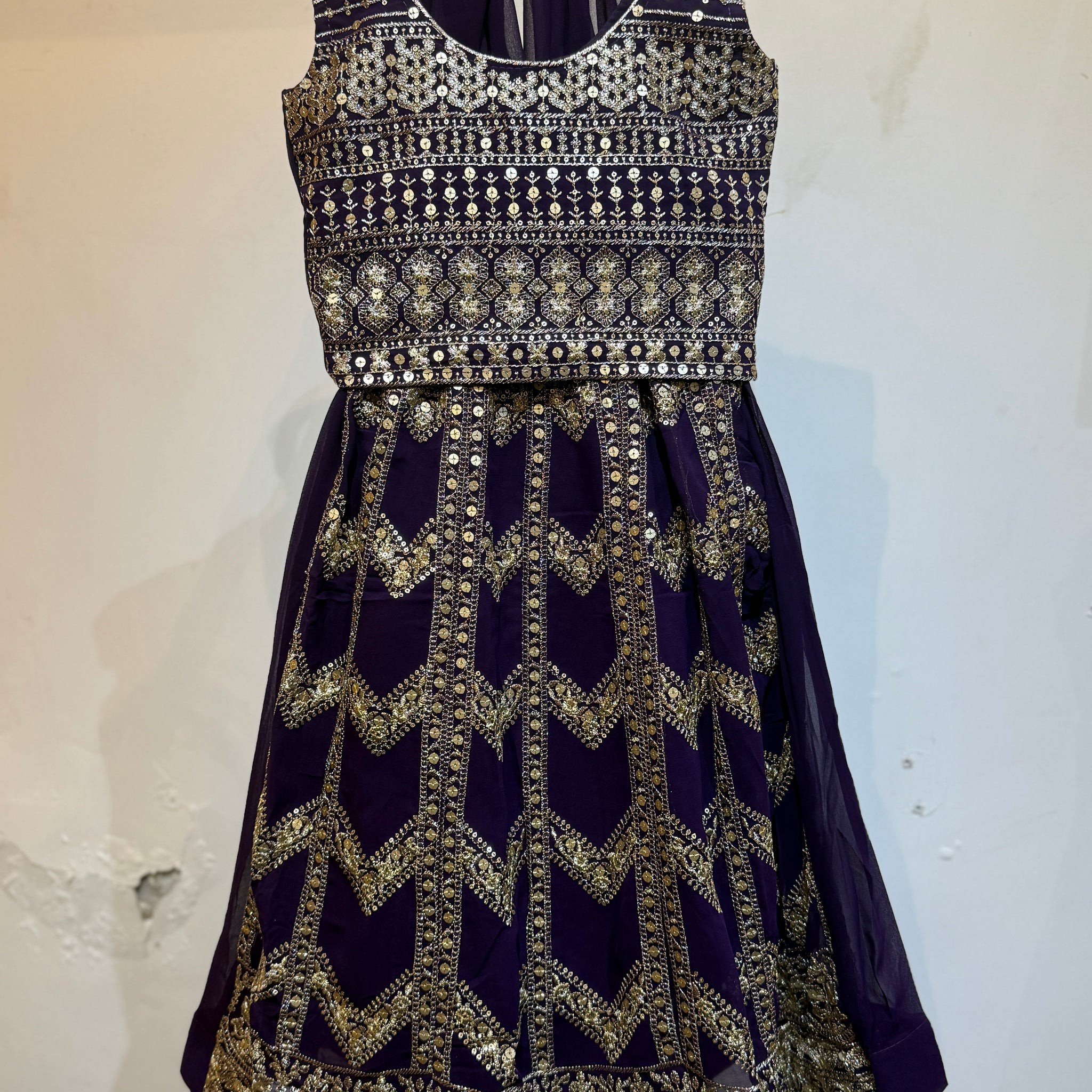 Festive grand Purple full zig zag gold sequence Lehanga