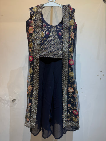 Dark blue premium party sharara with embroidered net long shrug