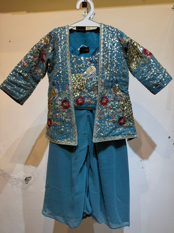 Muted blue peacock pattern palazzo set with shrug