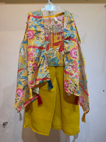 Toddler Bright Yellow bold Flowers and banana leaf  flowy shrug palazzo set