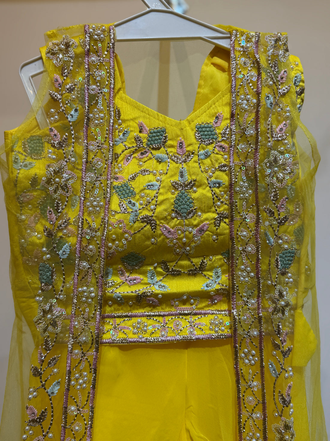 Festive designer bright yellow sharara with embroidered net long shrug