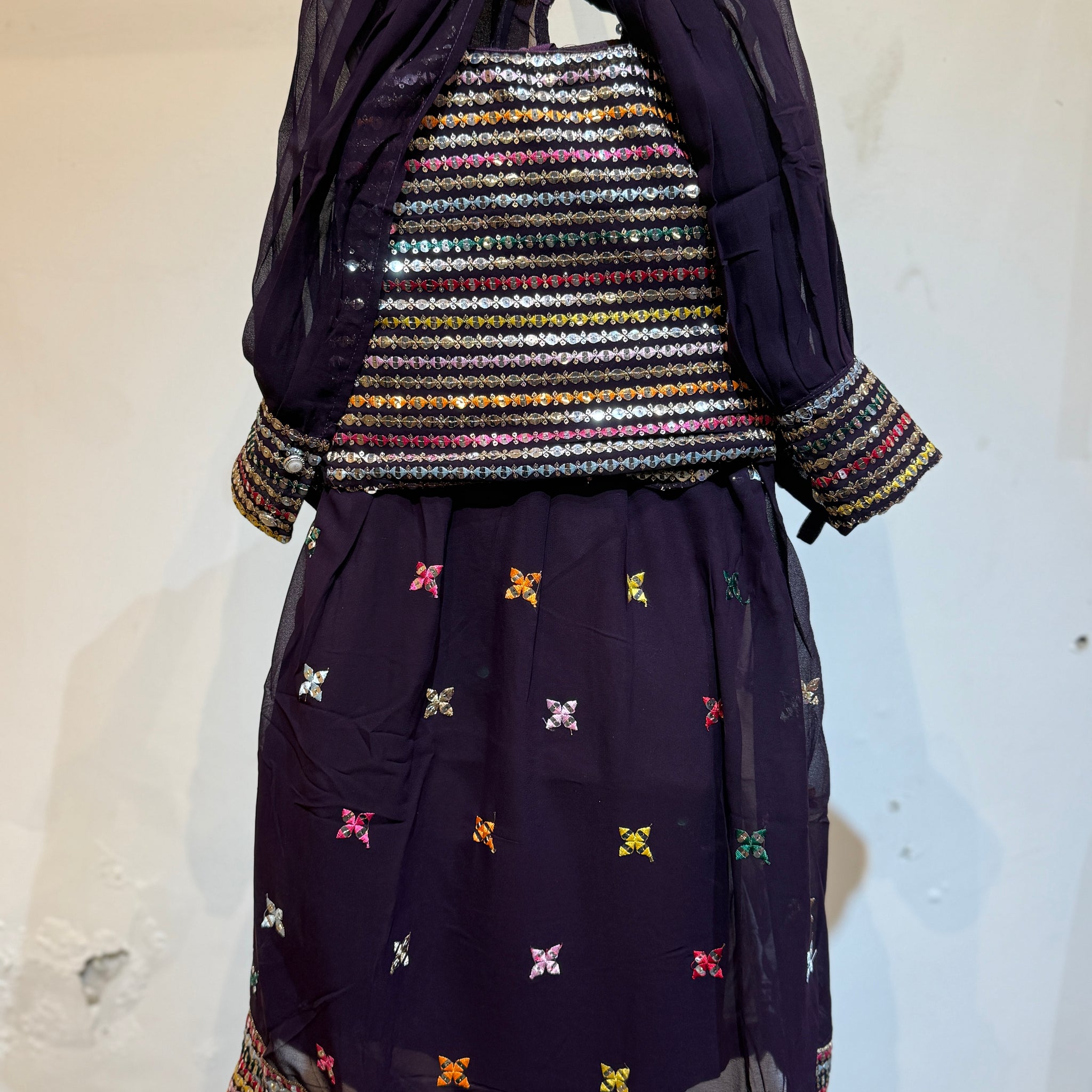 Bright wine full foil sequence work poncho choli with pocket in hip