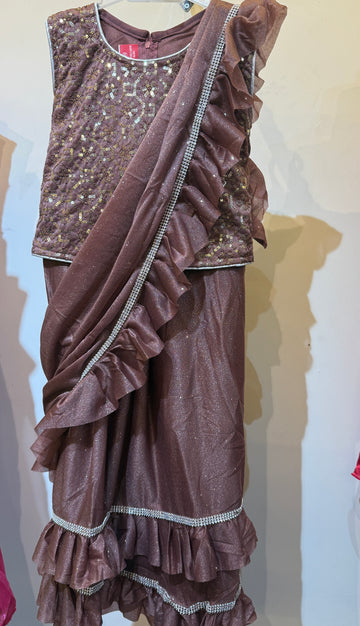 Choco brown shimmery frill saree