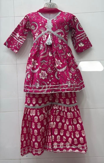 Rani pink floral cotton sharara with printed pant
