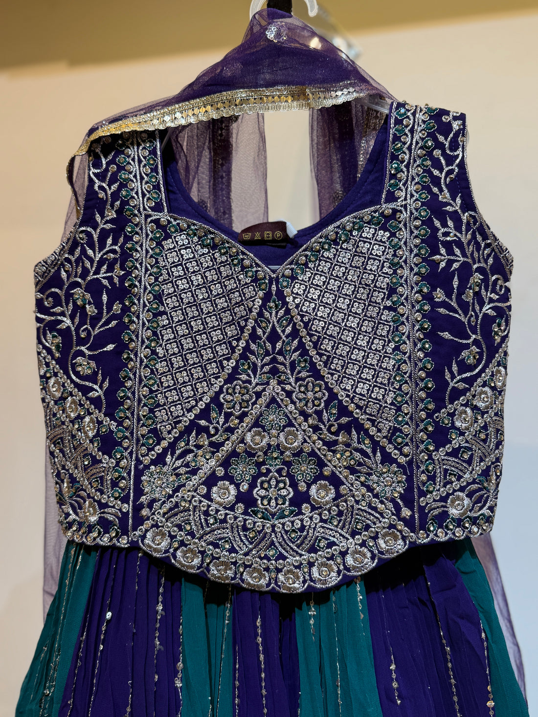 Festive designer Purple and teal combination Lehanga choli for girls with full work top