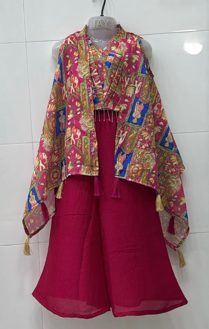 Pichwai print rani pink flowy shrug