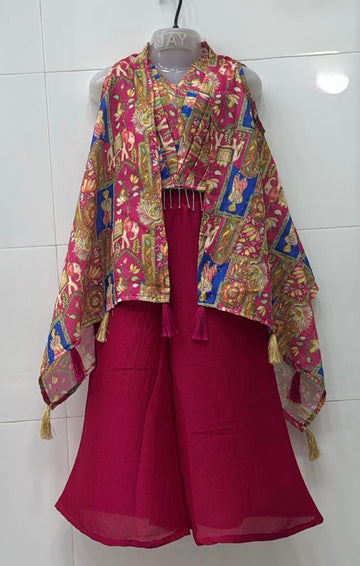 Pichwai print rani pink flowy shrug