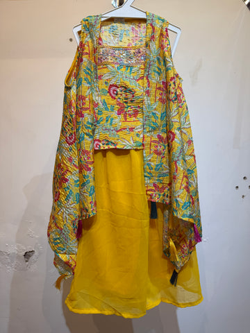 Bright yellow shrug palazzo set thread lines at top