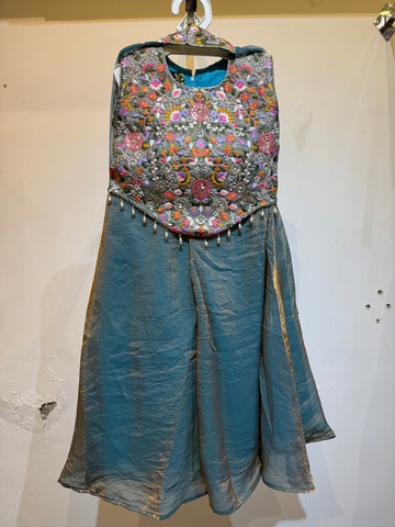 Shimmery Ice Blue Organza palazzo set with full embroidery blouse