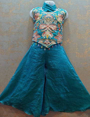 Persian blue heavy embroidery thread work tissue  palazzo suit