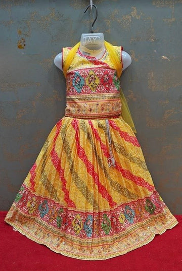 Yellow pink mirror work bhandhini choli