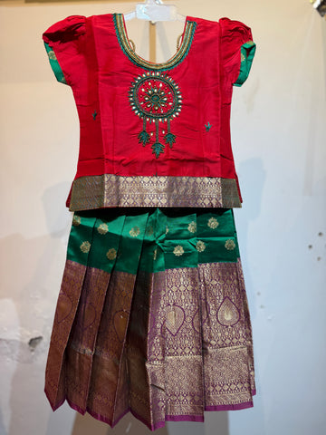 Art silk red and green big border pavadai sattai