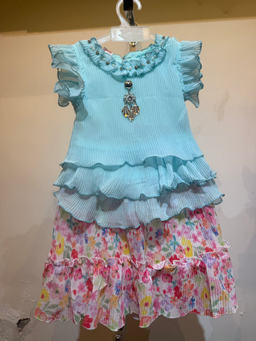 Sky blue solid top with floral skirt