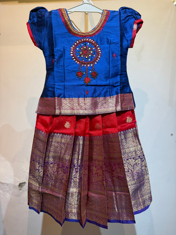Art silk blue and redish orange big border pavadai sattai