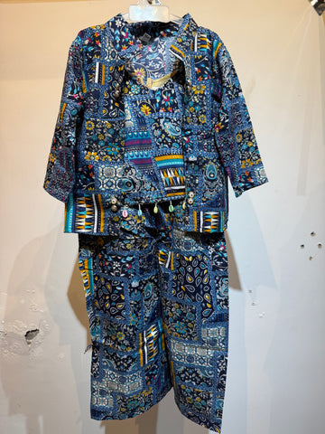Navy Blue Box print  3pcs jacket set