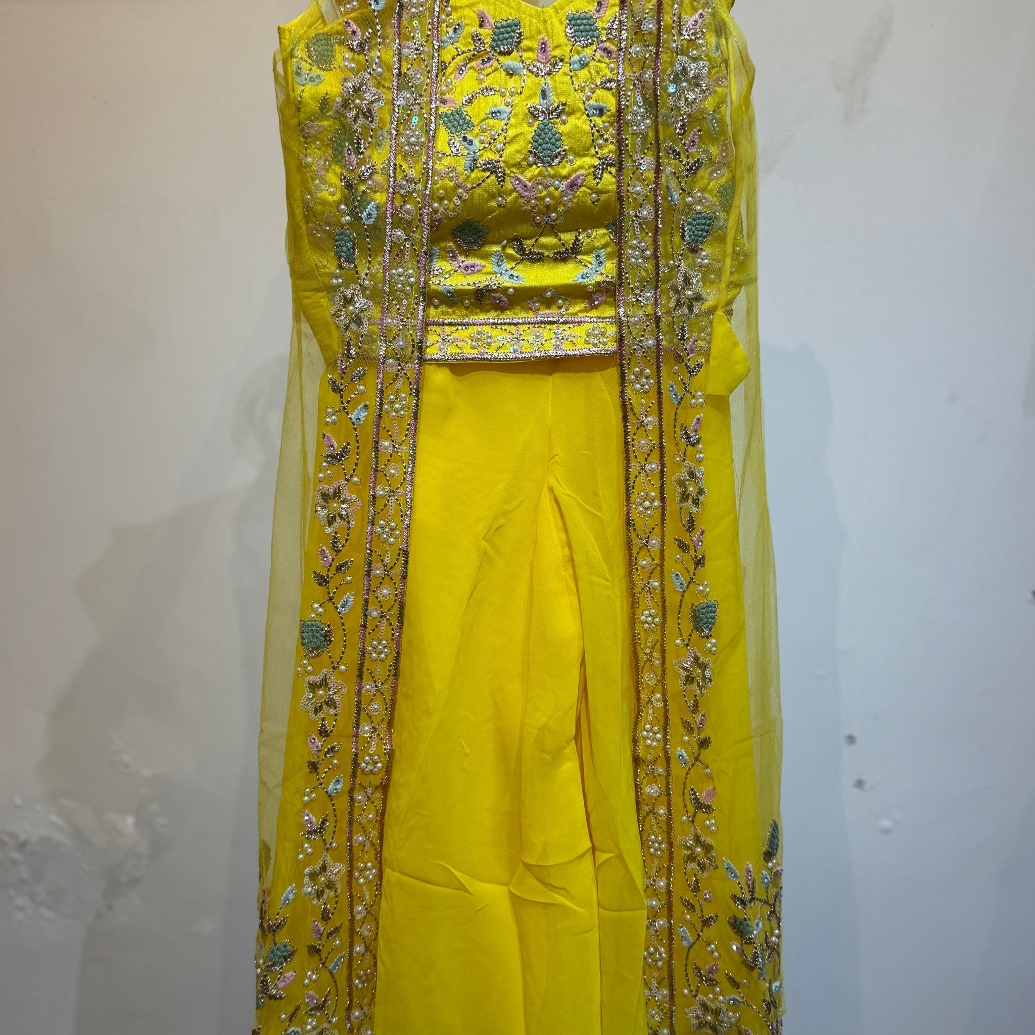 Festive designer bright yellow sharara with embroidered net long shrug