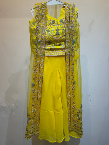 Festive designer bright yellow sharara with embroidered net long shrug