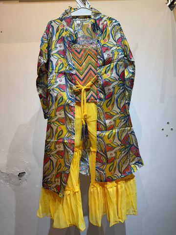 Yellow Leafy shrug 3pcs sharara suit