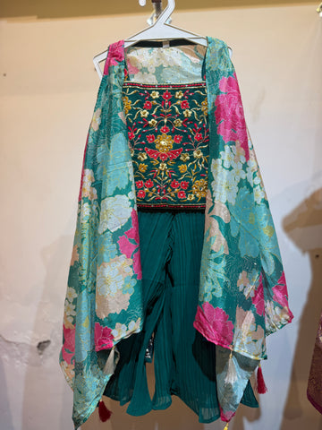 Emerald green full work crop top set with shrug