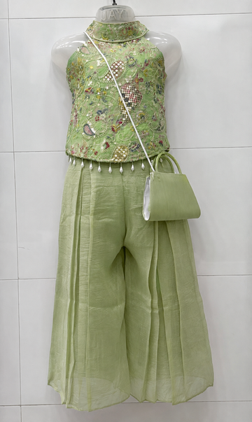 Neon green halter neck ethnic palazzo