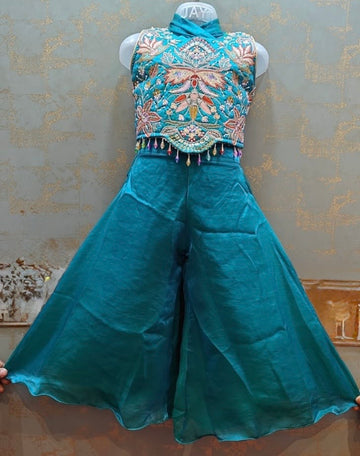 Sapphire blue heavy pearl work tissue  palazzo suit