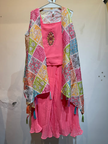 Barbie pink palazzo set with mutli patch shrug