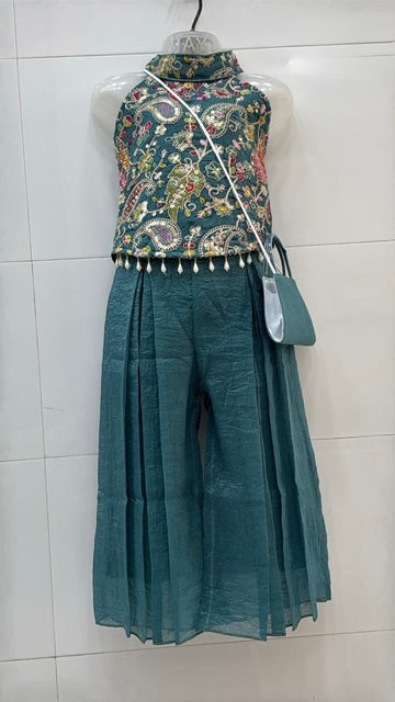 Teal green halter neck ethnic palazzo