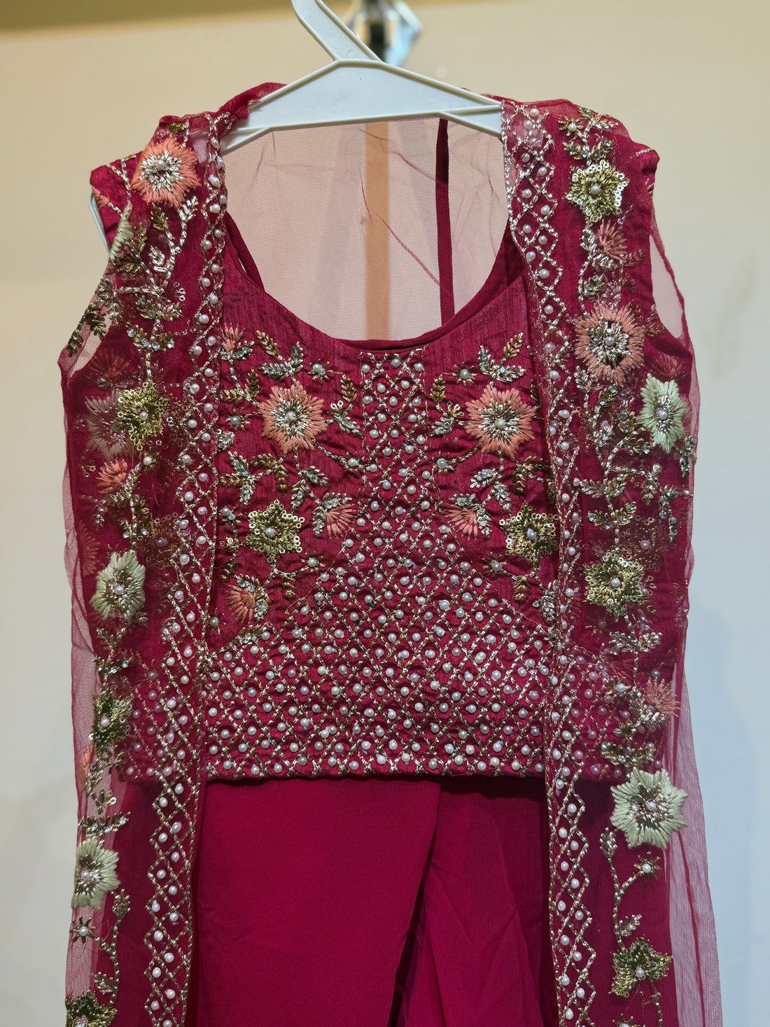 Festive designer Pink sharara with embroidered net long shrug
