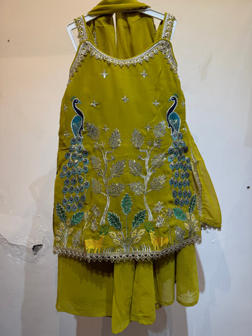 Mustard peacock embossed sharara sequence work