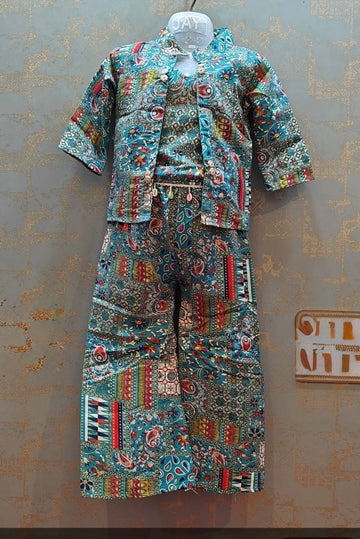 Teal Green Box print  3pcs jacket set