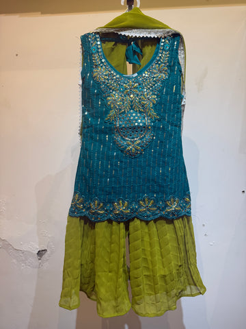 Peacock green with olive green full work sharara
