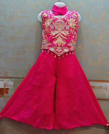 Punch pink heavy embroidery thread work tissue  palazzo suit